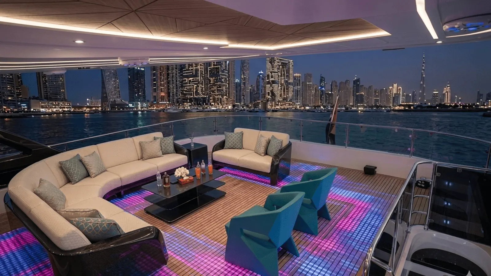 Pont soleil vide d'un yacht privé au coucher du soleil face à Palm Jumeirah, réservé à un seul groupe