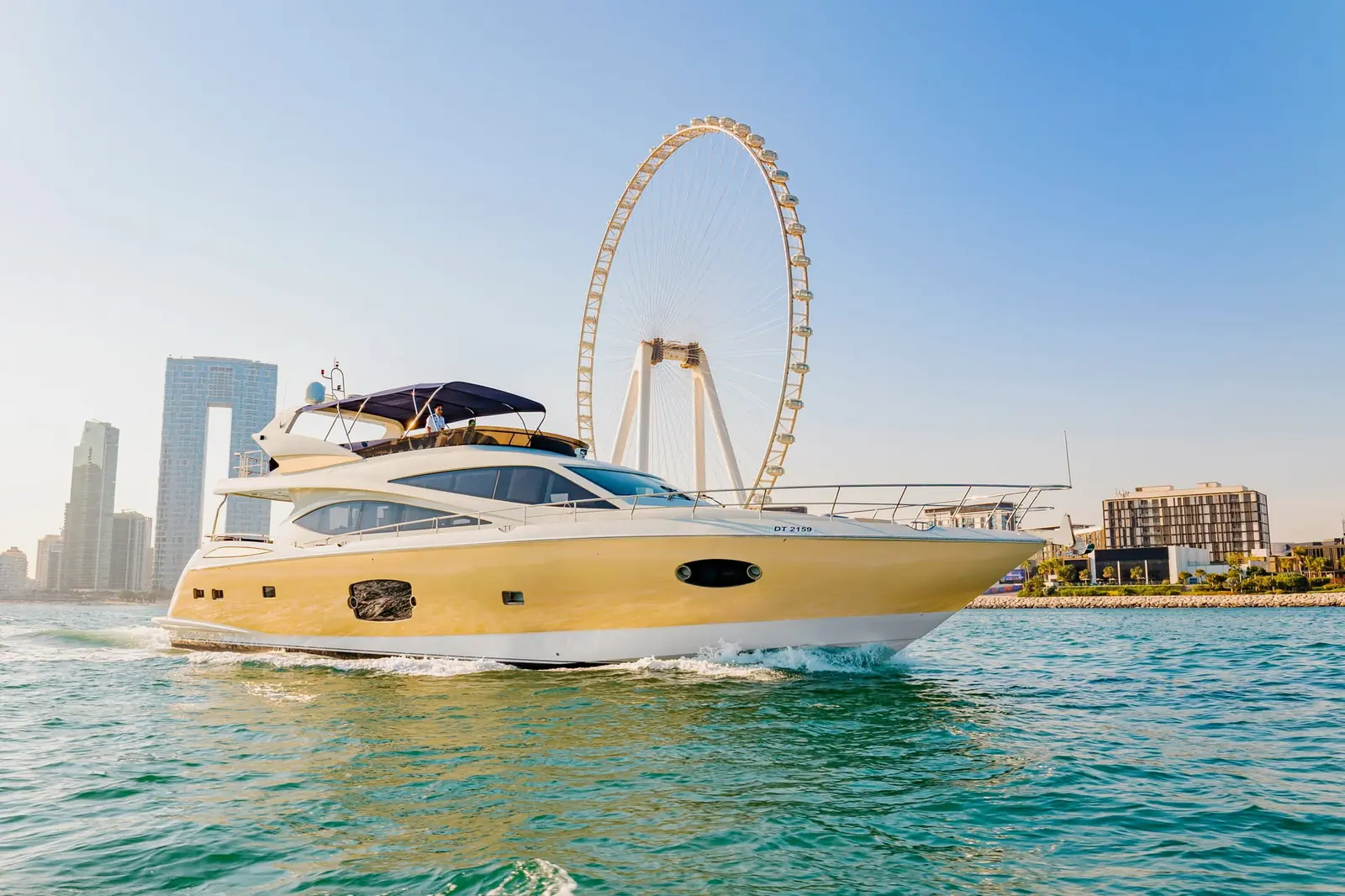 Astra 76 ft yacht from the Gold Water Yachts fleet, ready for a day, sunset or night cruise in Dubai