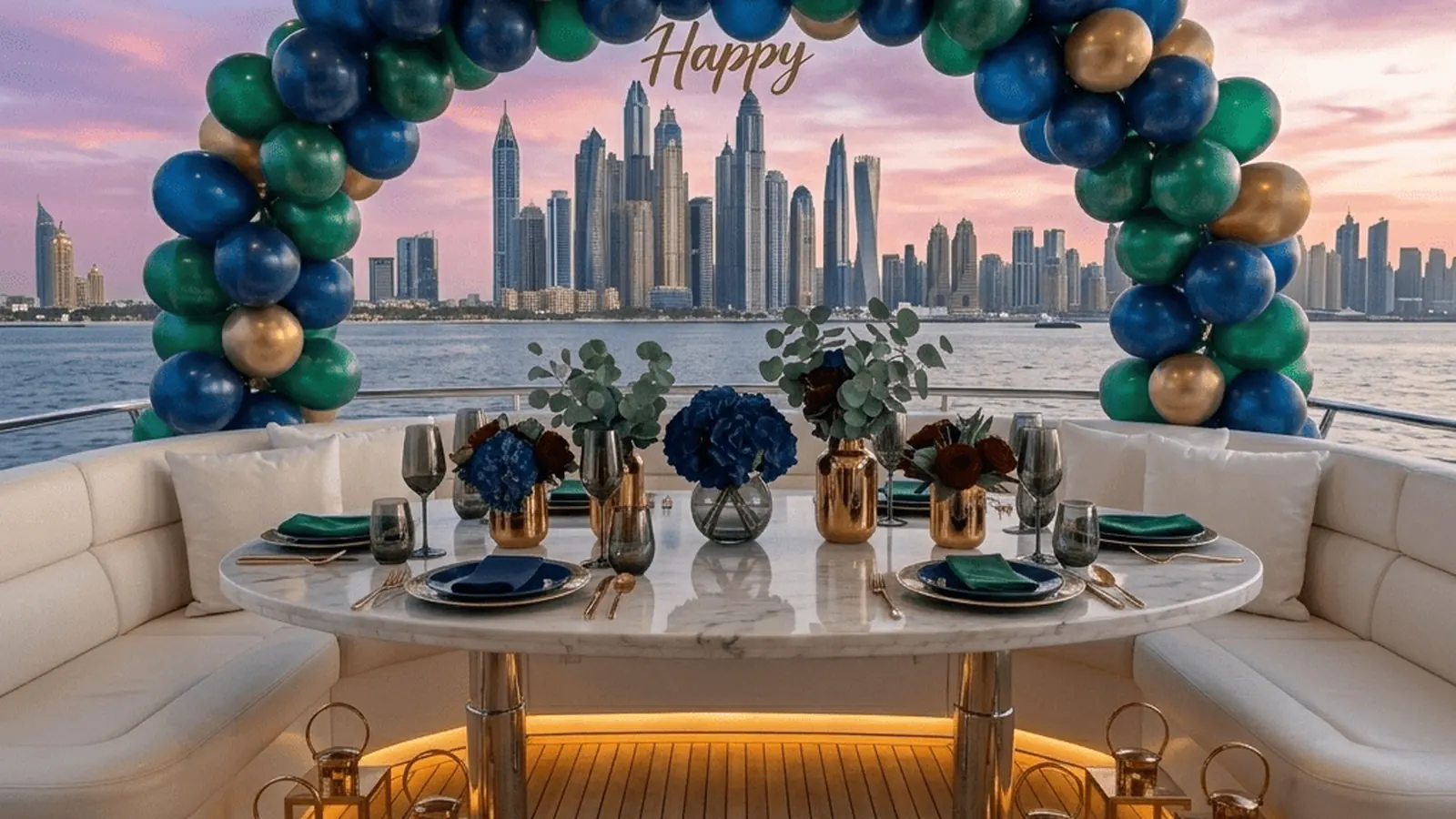 Table d'iftar avec dattes, eau et plats chauds sur le pont d'un yacht à Dubaï après le coucher du soleil